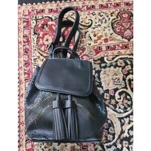 New Vegan Leather Black & Cheetah Eyelet Tassles Backpack Purse 10X10X5 Rare